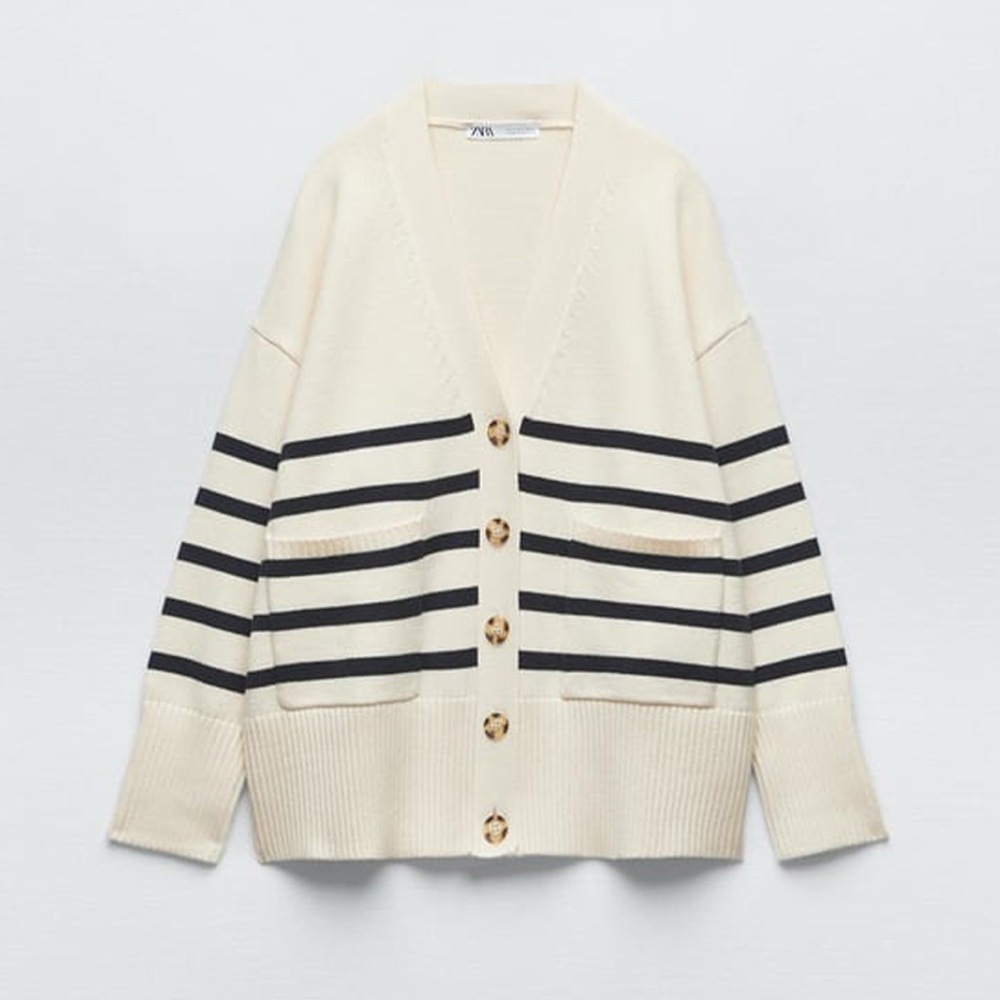 Zara Ivory and Navy Striped Button-Up Cardigan